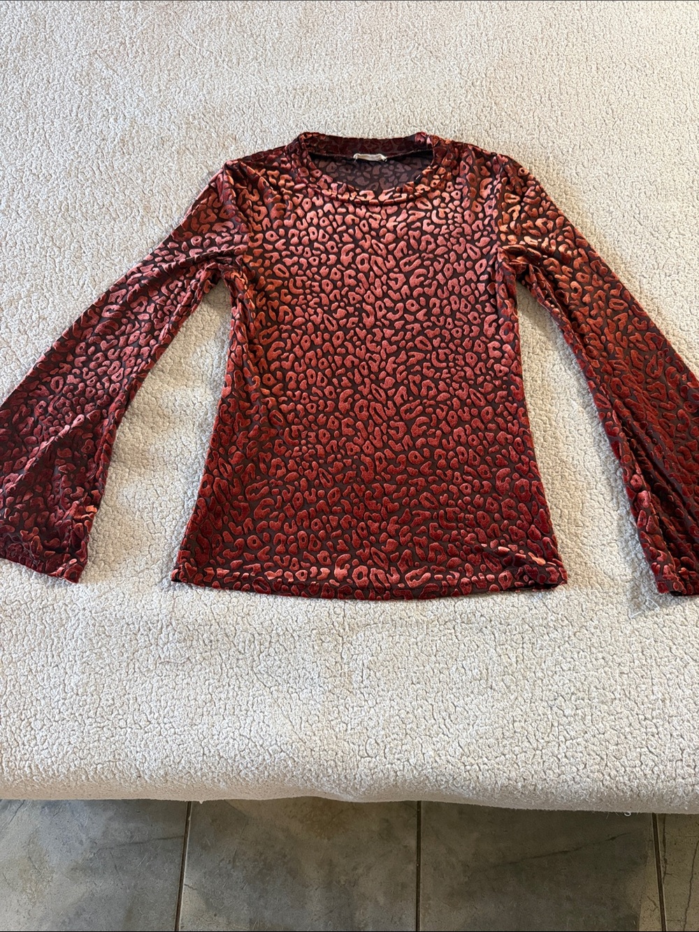 And The Why Copper Velvet Burnout Leopard-Print Long Sleeve Blouse Small